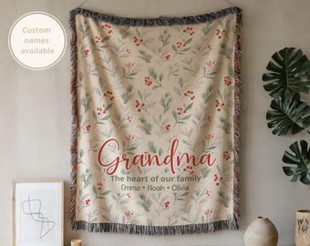 Personalized Grandma Blanket With Names, Woven Throw For Nana Or Mimi, Floral Gift For Grandparents, Custom Birthday Or Christmas Gift