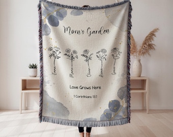 Custom Christian Mom Blanket, Mom Garden Blanket with Names, Bible Verse Gift for Mom, Floral Birth Month Flowers Blanket, Mother Gift Faith