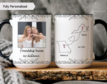 Long Distance Bestie Mug, Personalized State to State Mug, Custom Best Friend Photo Mug, Miles Apart Friendship Gift for Besties