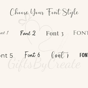 Puede incluir: Imagen que muestra estilos de fuente. El texto "Choose Your Font Style" est&aacute; en la parte superior. Se muestran ocho opciones de fuente, etiquetadas como Fuente 1 a Fuente 8, con la Fuente 8 en negrita. La marca de agua "Gifts By Create" est&aacute; en la parte inferior.