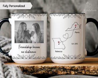 Taza para amigas a distancia, taza personalizada para viajes entre estados, taza con foto personalizada para tu mejor amiga, regalo de cumpleaños para tu mejor amiga, taza "Te extraño, amiga".