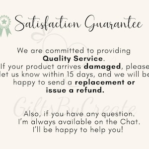 Puede incluir: Gr&aacute;fico color crema con el texto "Satisfaction Guarantee" y un emblema en forma de estrella. El texto promete un servicio de calidad, reemplazos o reembolsos por productos da&ntilde;ados dentro de los 15 d&iacute;as y atenci&oacute;n al cliente.