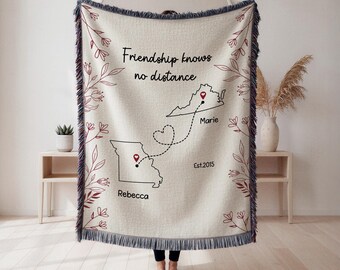 Personalized State to State Blanket for Best Friends, Custom Miles Apart Bestie Gift, Long Distance Friendship Keepsake Gift, Miss You BFF