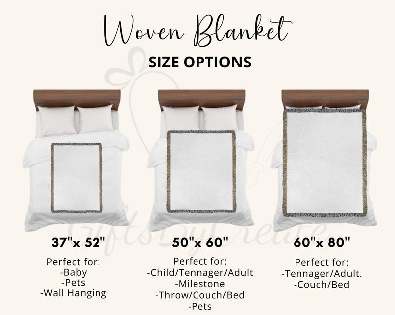 Puede incluir: La imagen muestra tres mantas tejidas de diferentes tama&ntilde;os: 94 x 132 cm, 127 x 152 cm y 152 x 203 cm. Cada manta se muestra en una cama con ropa de cama blanca. El texto "Woven Blanket SIZE OPTIONS" est&aacute; en la parte superior.