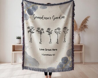 Custom Grandma Blanket Christian Gift, Grandma Garden Blanket with Grandkids Names, Bible Verse Blanket, Birth Flower Blanket Nana Gift