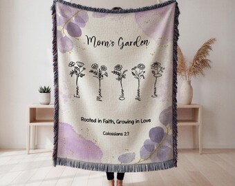Grandma Garden Blanket Personalized, Christian Blanket for Grandma, Birth Flower Blanket, Bible Verse Gift, Grandkids Names Woven Blanket