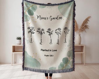 Personalized Mom Blanket Christian Gift, Custom Family Garden Blanket, Bible Verse Blanket, Floral Birth Flower Gift for Mother, Mama Gift