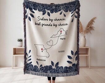 Long Distance Sister Gift, Personalized State to State Sister Blanket Gift, Moving Away Gift for Sister, Miss You Sister Woven,