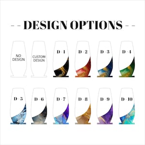 May include: Image showing design options for a product. The text "DESIGN OPTIONS" is at the top. There are 10 design options, each with a unique abstract pattern in colors like black, gold, red, blue, and green. The options are labeled D-1 through D-10.