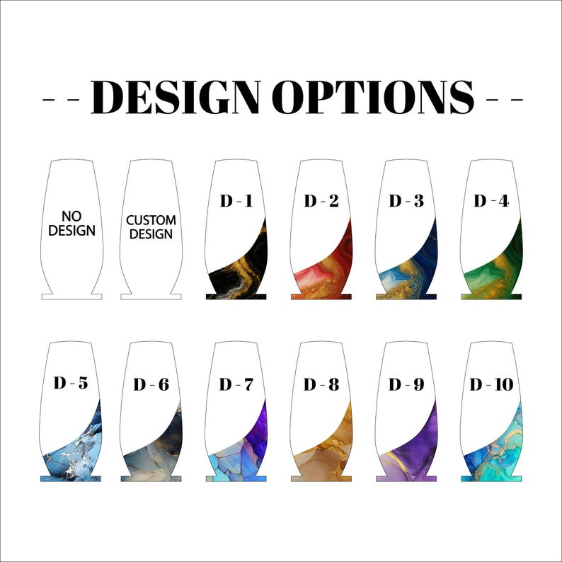 May include: Image showing design options for a product. The text "DESIGN OPTIONS" is at the top. There are 10 design options, each with a unique abstract pattern in colors like black, gold, red, blue, and green. The options are labeled D-1 through D-10.