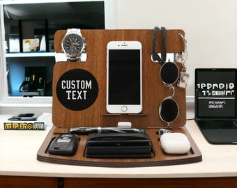 Personalized Wooden Docking Station: Engraved Desk Organizer, Phone Stand