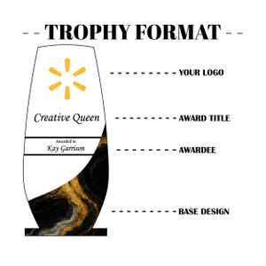 May include: A trophy format design with a white background. The trophy features a gold and black marble base design, with the text "Creative Queen" and "Awarded to Kay Garrison". The top includes a logo and the text "TROPHY FORMAT".