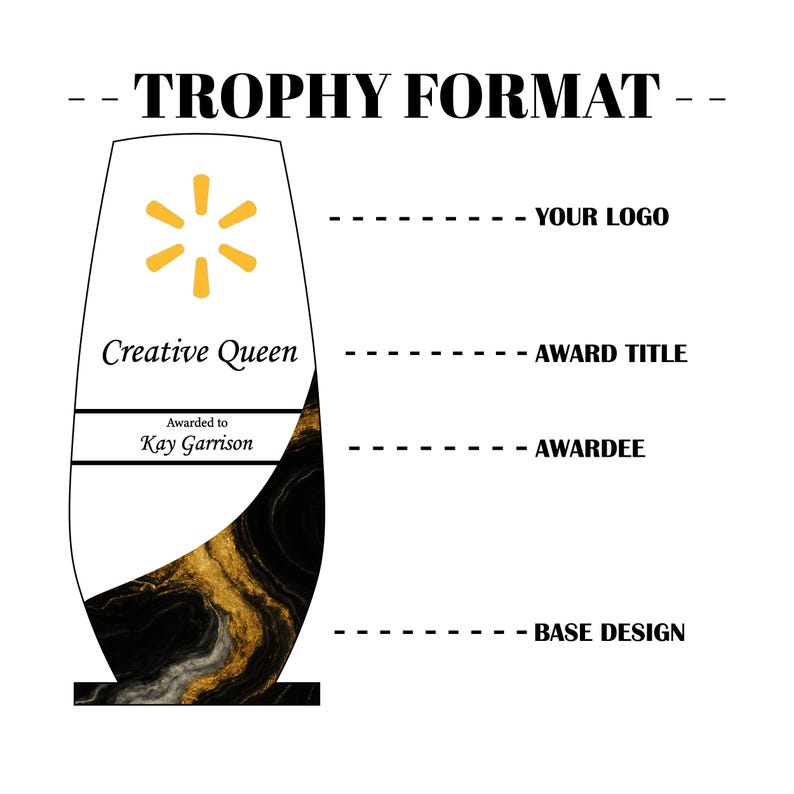 May include: A trophy format design with a white background. The trophy features a gold and black marble base design, with the text "Creative Queen" and "Awarded to Kay Garrison". The top includes a logo and the text "TROPHY FORMAT".