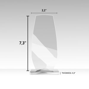 May include: A clear, oval-shaped glass award with a rectangular base. The award is 7.3 inches tall, 3.2 inches wide, and 0.3 inches thick. The text "THICKNESS: 0.3" is visible.
