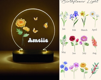 Personalized night lamp with Birth Flower - Custom Led Night Lamp - Custom Night Light with Name - Birth Flower Night Light - Birthday Gift