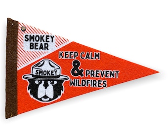 Handmade Smokey Bear Felt Pennant with Keep Calm and Prevent Wild Fires slogan, flag, orange black and white with brown trim