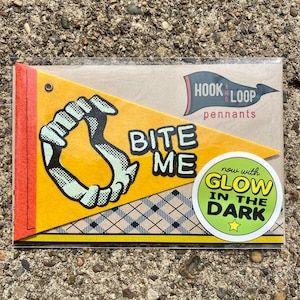 Bite Me Glow in the Dark handmade felt pennant | fake Halloween plastic fangs