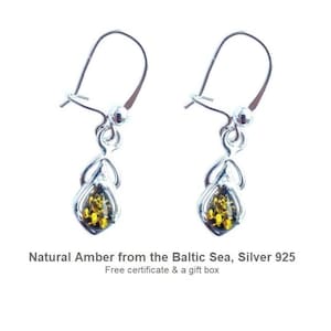 Green Amber Drop Earrings, Baltic Amber Dangle in 925 Silver, Nature Inspired Gift for Her