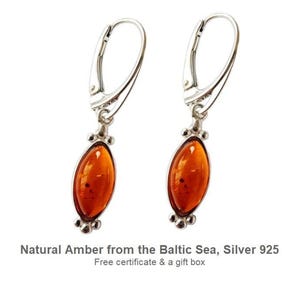 Amber Drop Earrings, Marquise Baltic Amber, Sterling Silver Dangle Earrings, Handmade in Poland