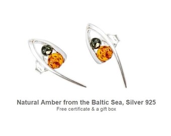 Amber Stud Earrings, Green and Cognac Baltic Amber, Sterling Silver 925, Modern Handmade Earrings, Gift for Her