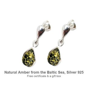 Green Amber Stud Dangle Earrings, Teardrop Amber in Sterling Silver, Baltic Handmade Jewelry