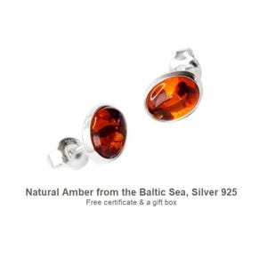 Amber Stud Earrings, Cognac Baltic Amber, Sterling Silver 925, Classic Minimalist Jewelry, Gift for Her