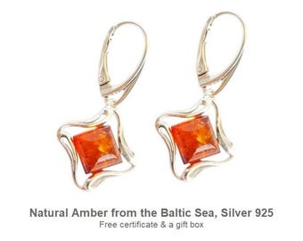 Square amber dangle earrings, modern amber earrings for her, sterling silver drop, geometric gift, orange Baltic amber jewelry