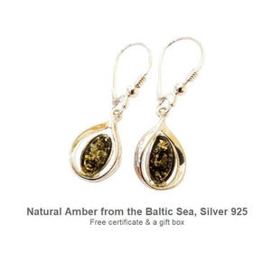 Green Amber Earrings Dangle | Teardrop Shape | Sterling Silver 925 | Handmade Baltic Amber Jewelry | Gift for Her