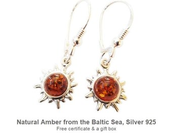 Sun Earrings with Baltic Amber, Sterling Silver 925, Warm Cognac Amber Jewelry, Handmade in Poland, Gift for Her
