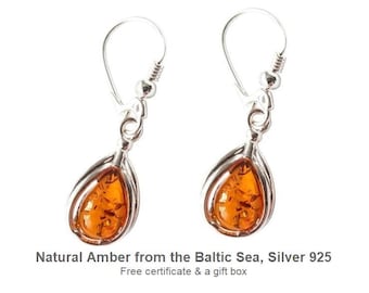 Amber Teardrop Earrings, Sterling Silver Drop Earrings, Cognac Baltic Amber Jewelry Gift for Her