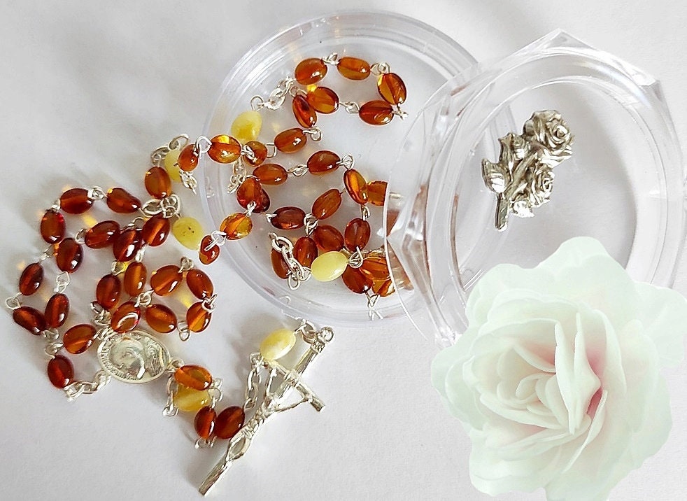 Rosary in box with genuine amber beads from Baltic sea and silver 925 First Communion gift from Poland with Black Madonna of Czestochowa