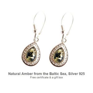 Teardrop Green Amber Earrings, Baltic Amber in 925 Silver, Elegant Dangle Earrings Gift for Her