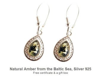 Teardrop Green Amber Earrings, Baltic Amber in 925 Silver, Elegant Dangle Earrings Gift for Her