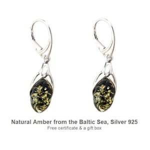 Green Amber Dangle Earrings, Baltic Amber Jewelry, Sterling Silver Earrings, Handmade Gift for Her, Natural Gemstone Earrings