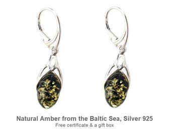 Green Amber Dangle Earrings, Baltic Amber Jewelry, Sterling Silver Earrings, Handmade Gift for Her, Natural Gemstone Earrings