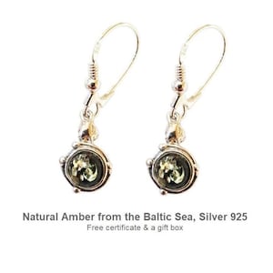 Green Baltic Amber Dangle Earrings, Round Drop in Sterling Silver, Retro Handmade Jewelry