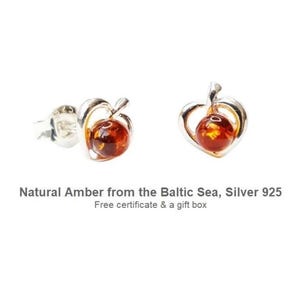 Amber heart studs, baltic amber earrings, romantic gift for her, sterling silver studs, natural amber jewelry