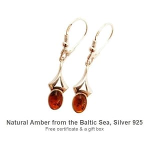 Amber Drop Earrings, Sterling Silver Dangle Earrings, Cognac Baltic Amber Jewelry, Oval Gemstone Earrings, Handmade Gift for Her