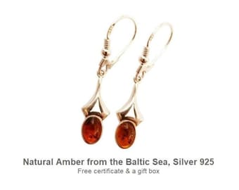 Boucles D'oreilles Femme En Argent - Ambre De La Baltique Couleur Cognac