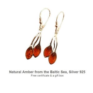 Amber Earrings Dangle | Leaf Design | Sterling Silver 925 | Handmade Polish Baltic Amber Jewelry | Gift for Her