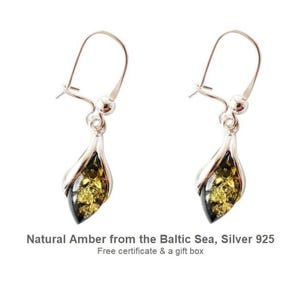 Green Amber Dangle Earrings, Leaf Shape Drop Earrings in Sterling Silver, Baltic Amber Jewelry