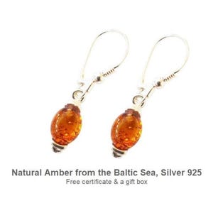 Cognac Amber Earrings, Oval Baltic Amber Drops, Sterling Silver Dangle Earrings, Lightweight Handmade Gift for Her