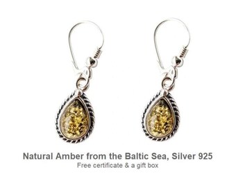 Green Amber Drop Earrings, Sterling Silver Teardrop Frame, Handmade Baltic Amber Jewelry
