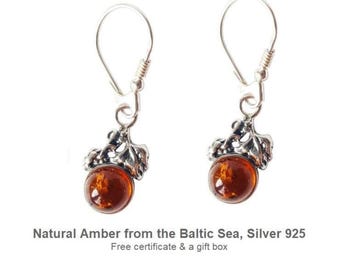 Baltic Amber Earrings, Handmade Dangle Jewelry, Sterling Silver Leaf Design, Natural Amber Drop, Elegant Boho Gift