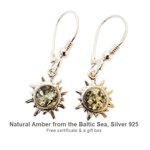 Green Amber Sun Earrings, Baltic Amber Dangle Jewelry, Sterling Silver 925, Sunburst Drop Earrings, Unique Gift for Her