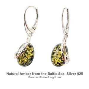 Green Amber Drop Earrings, Baltic Dangle Jewelry, Handmade in Sterling Silver, Natural Olive Amber Gift for Her