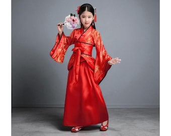 Girls Traditional Chinese Kimono Dress – Kids Yukata Dance Costume, Halloween Chorus Outfit, Ethnic Fan Performance Clothing