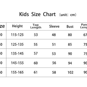 May include: A white chart titled "Kids Size Chart" with measurements in centimetres. The chart includes sizes 120 to 160, with corresponding height, top length, sleeve, bust, and pants length measurements. The unit of measurement is cm.