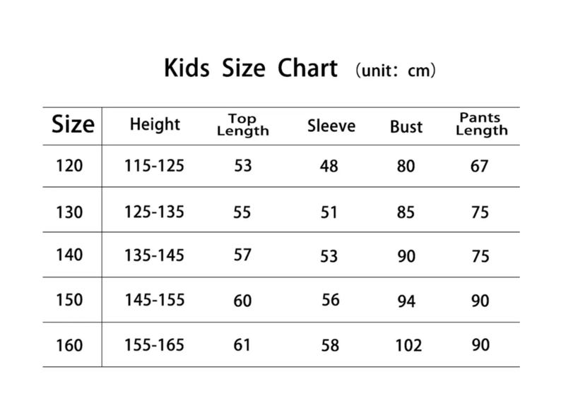 May include: A white chart titled "Kids Size Chart" with measurements in centimetres. The chart includes sizes 120 to 160, with corresponding height, top length, sleeve, bust, and pants length measurements. The unit of measurement is cm.