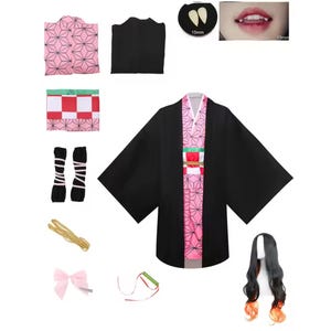 May include: A cosplay costume set featuring a black kimono with pink geometric patterns, a black top, and a wig with black and orange hair. Accessories include socks, a belt, a bow, and a mouth with fangs.